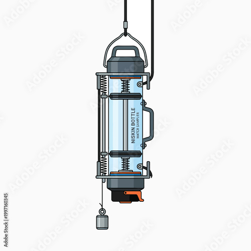 A Niskin bottle water sampler, suspended by a wire, designed for collecting water samples at various ocean depths.