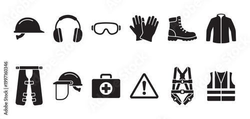 A clean, black and white icon set showcasing essential construction safety equipment, symbolizing protection and workplace readiness.