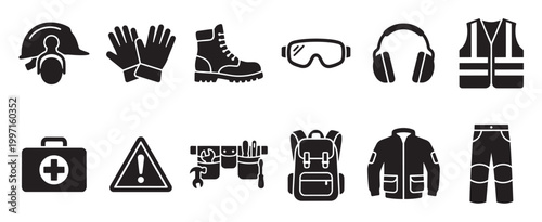 A collection of black and white vector icons representing various safety gear and work equipment, useful for construction or industrial themes.