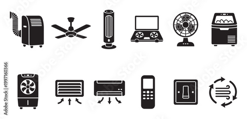 A collection of black and white icons representing various cooling and air circulation devices, including fans, air conditioners, and coolers, for modern home or office use.
