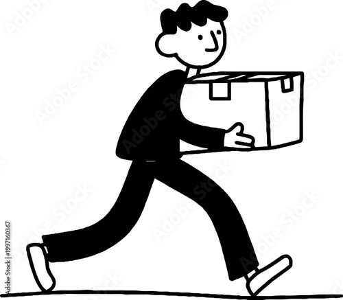 Young man carrying package briskly walking on flat ground