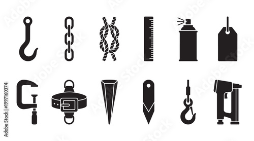 A collection of black vector icons depicting various tools and equipment, including a hook, chain, rope knot, ruler, spray can, tag, clamp, buckle, spike, staple gun and more.
