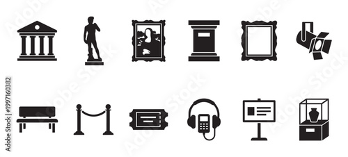 A collection of black icons representing museum elements like a building, statue, painting, and exhibit display, ideal for tourism and art concepts.