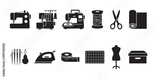 A collection of black silhouette icons representing various sewing and crafting tools, including sewing machines, thread, scissors, fabric, and a dress form, on a white background.