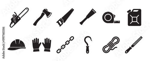 A collection of black silhouette icons representing various tools for construction, gardening, and general maintenance, set against a clean white background for versatile use.