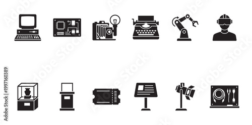 A collection of black and white icons representing various aspects of technology, from vintage to modern, and historical artifacts.