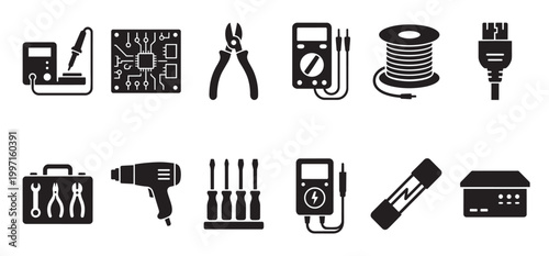 A collection of black and white icons representing various electronic repair tools and components, including a soldering iron, circuit board, pliers, multimeter, wire spool, and more.