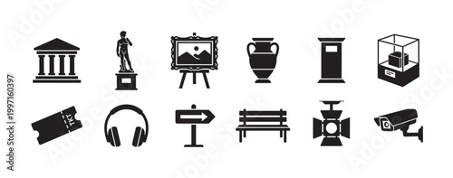 This collection of black icons depicts various elements found in a museum, including a building, sculpture, painting, vase, ticket, headphones, and security camera.