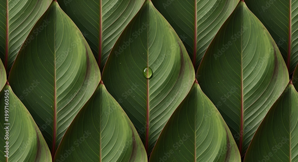 Obraz premium A close-up view of multiple green leaves with a water droplet on one leaf.