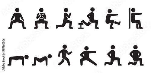 Collection of black fitness icons showing various exercise poses and workout activities, perfect for health and wellness graphics.
