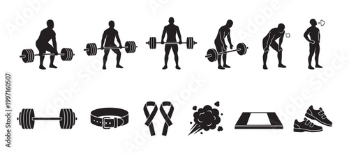 This collection of black silhouettes depicts various stages of weightlifting and gym equipment, perfect for fitness and health-related content.