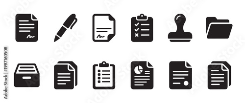 A collection of black icons representing various business documents and office supplies, perfect for digital interfaces and presentations.