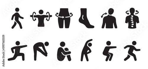 Collection of black silhouette icons representing various exercises and stretches for different body parts, set against a clean white background.
