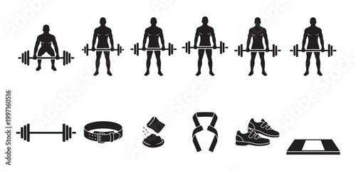 A collection of black silhouette icons representing weightlifting equipment and figures performing exercises, ideal for fitness and sports themes.