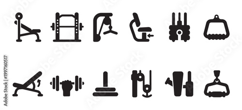 A clean, modern, black and white icon set featuring various gym equipment for fitness and exercise.