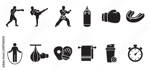 Collection of black silhouette icons representing various martial arts, boxing, and fitness activities and equipment on a white background.