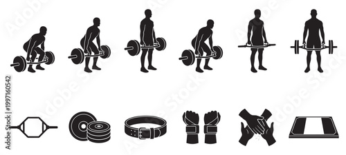 A set of black silhouette icons illustrating weightlifting exercises, including deadlifts, and various gym equipment like barbells, plates, belts, and chalk.