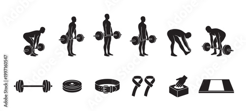 Collection of black silhouettes illustrating weightlifting exercise steps and gym equipment on a white background, ideal for fitness and wellness concepts.