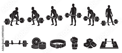 This illustration set features black silhouettes of a person performing deadlifts and various weightlifting equipment, symbolizing strength and fitness.