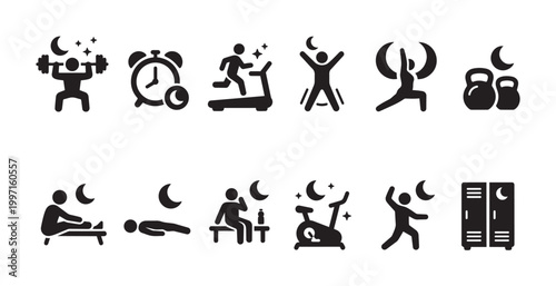 A collection of simple black icons depicts various fitness activities and related elements, all set against a night theme with moons and stars.