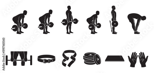 A collection of black silhouettes depicting weightlifting poses and essential gym equipment, ideal for fitness guides, workout plans, and health-related designs.