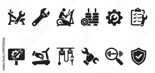 A collection of black and white icons representing the repair and maintenance of fitness equipment, including wrenches, gears, and exercise machines.