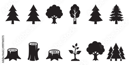 A collection of stylized black tree icons representing different stages of forest growth, from stumps to mature trees, on a white background.