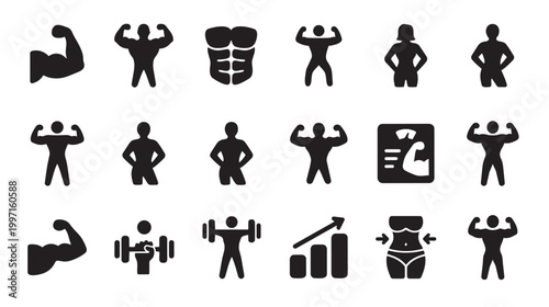 Collection of black silhouette icons representing fitness, bodybuilding, exercise, and healthy lifestyle with muscular figures, weights, and progress chart.