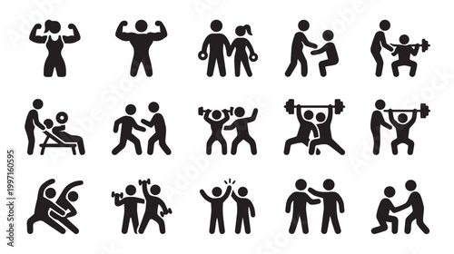 Collection of black silhouette icons depicting diverse people engaging in various fitness activities, weightlifting, and gym exercises on a white background.