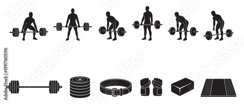A collection of black silhouettes showing weightlifting exercise sequences and fitness equipment on a white background, perfect for sports and health concepts.
