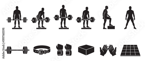 Collection of black silhouette icons representing fitness and weightlifting exercises, including barbells, weightlifting belt, wrist wraps, and human figures demonstrating movements.