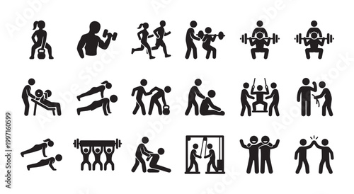 A collection of black fitness pictograms depicting various exercises, weightlifting, cardio, and team sports, representing healthy lifestyle and gym activities.