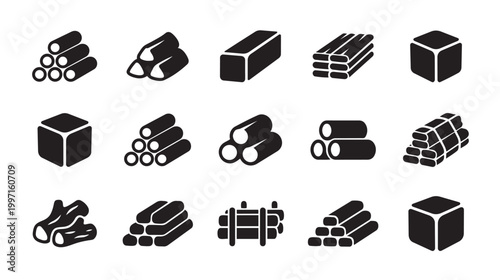 A collection of minimalist black icons on a white background depicting various stacked materials like logs, lumber, and cubic blocks.