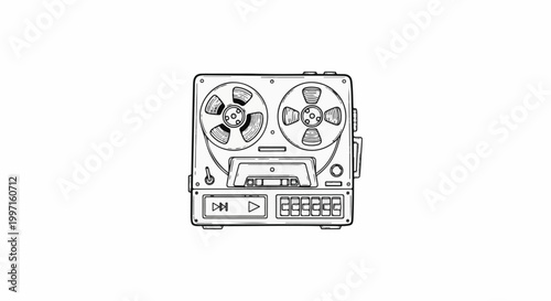 A hand-drawn illustration of a vintage reel-to-reel tape recorder