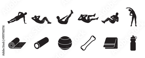 A collection of black silhouettes depicting various fitness exercises and gym equipment, set against a clean white background, perfect for health and wellness themes.