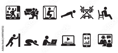 Set of black and white pictogram icons representing various home fitness activities and digital training methods, perfect for health and wellness concepts.