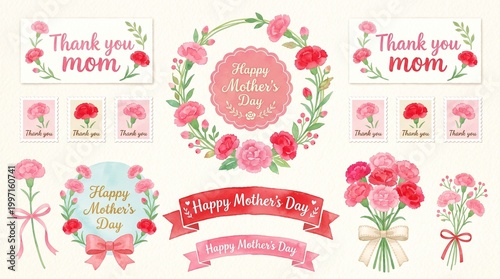 Watercolor Mother's Day collection featuring various carnation flowers, wreaths, bouquets, and festive decorative elements. Ideal for greeting cards, invitations, and heartfelt appreciation designs.