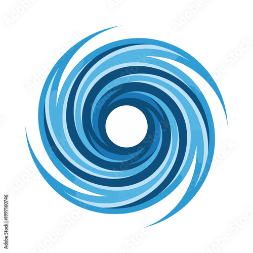 A blue and white abstract spiral vortex graphic resembling a hurricane or cyclone on a white background.
