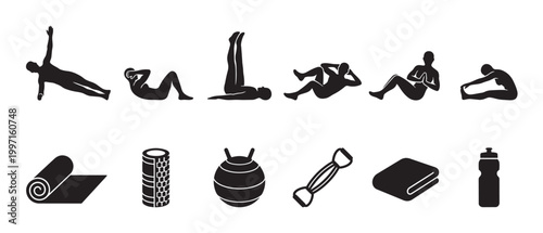 A collection of black silhouette icons depicting various fitness exercises and equipment on a white background, perfect for health and wellness themes.