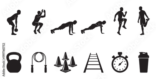 A collection of black silhouette icons depicting various fitness exercises and equipment against a clean white background, perfect for health and wellness themes.