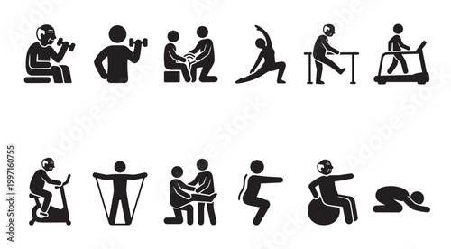A collection of simple black pictograms illustrates various senior fitness activities including weightlifting, yoga, and treadmill use, promoting a healthy lifestyle.