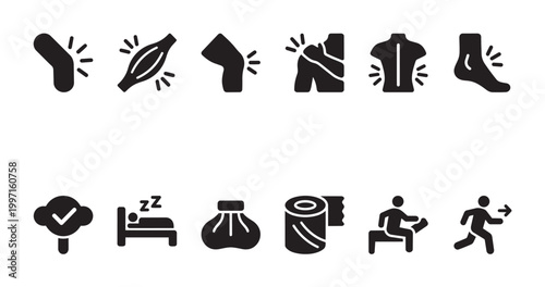 A collection of black and white pictogram icons representing various body pains, injuries, healthcare treatments, and recovery.