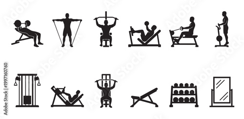 A collection of black silhouettes depicting various weightlifting exercises and gym equipment, perfect for illustrating health and fitness concepts.