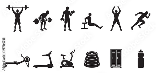 A collection of black silhouettes representing various fitness activities and equipment including weightlifting, running, cardio machines, and gym essentials.