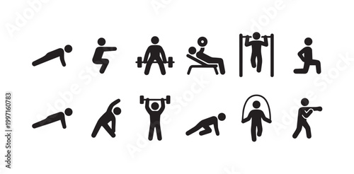 A collection of black fitness icons depicting various workout exercises on a white background, suitable for health and fitness-related designs.