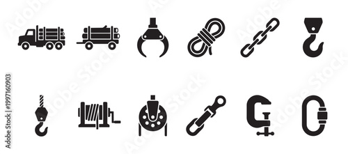 A collection of black silhouette icons representing various industrial tools and equipment, including a truck, crane hook, chain, rope, and clamp.
