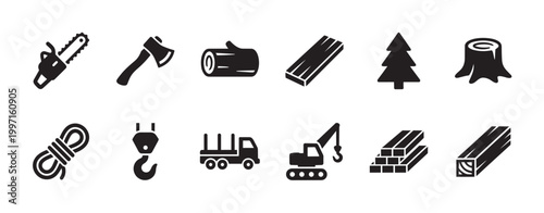 Collection of flat design icons representing various aspects of the wood industry including tools, materials, and equipment on a white background.
