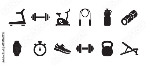 A collection of black silhouette icons representing various fitness equipment, including a treadmill, dumbbells, and a yoga mat, perfect for health and wellness themes.