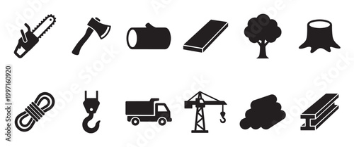 A collection of black silhouette icons representing logging and construction industries, including tools, materials, and machinery, on a white background.