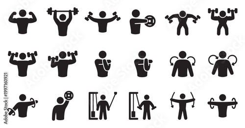 A collection of black silhouette icons representing various fitness activities, exercises, and gym equipment, suitable for illustrating health and wellness themes.